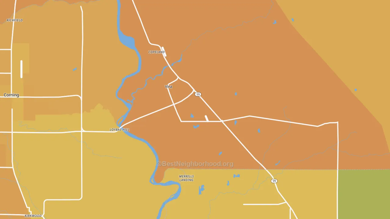 Map of the best neighborhoods in the Vina area, with better matches in green and worse matches in red