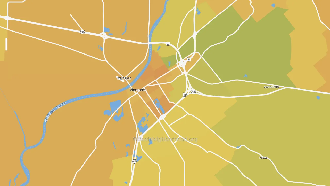 Map of the best neighborhoods in the Vincennes area, with better matches in green and worse matches in red