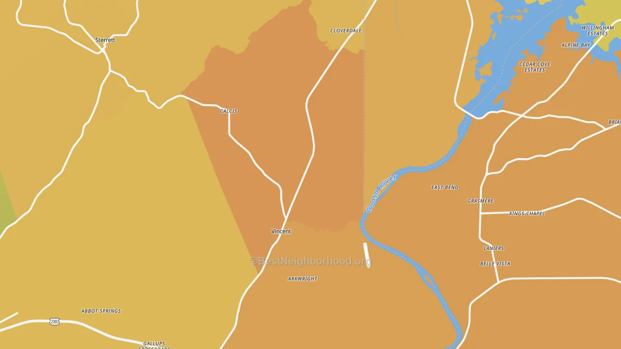 Map of the best neighborhoods in the Vincent area, with better matches in green and worse matches in red