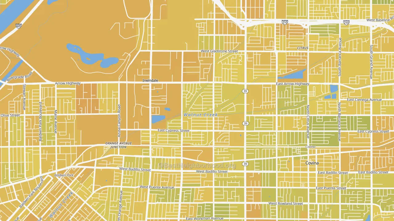 Map of the best neighborhoods in the Vincent area, with better matches in green and worse matches in red