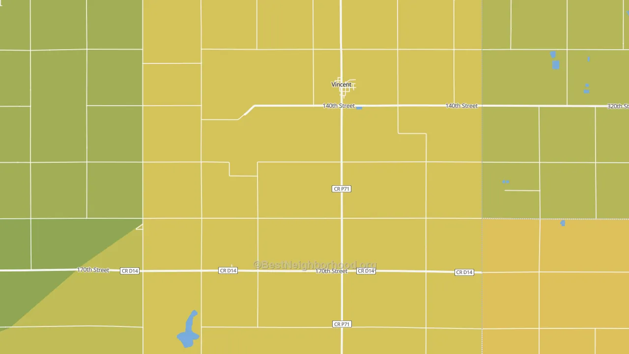 Map of the best neighborhoods in the Vincent area, with better matches in green and worse matches in red