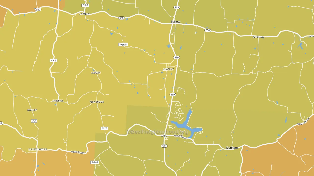 Map of the best neighborhoods in the Vincent area, with better matches in green and worse matches in red