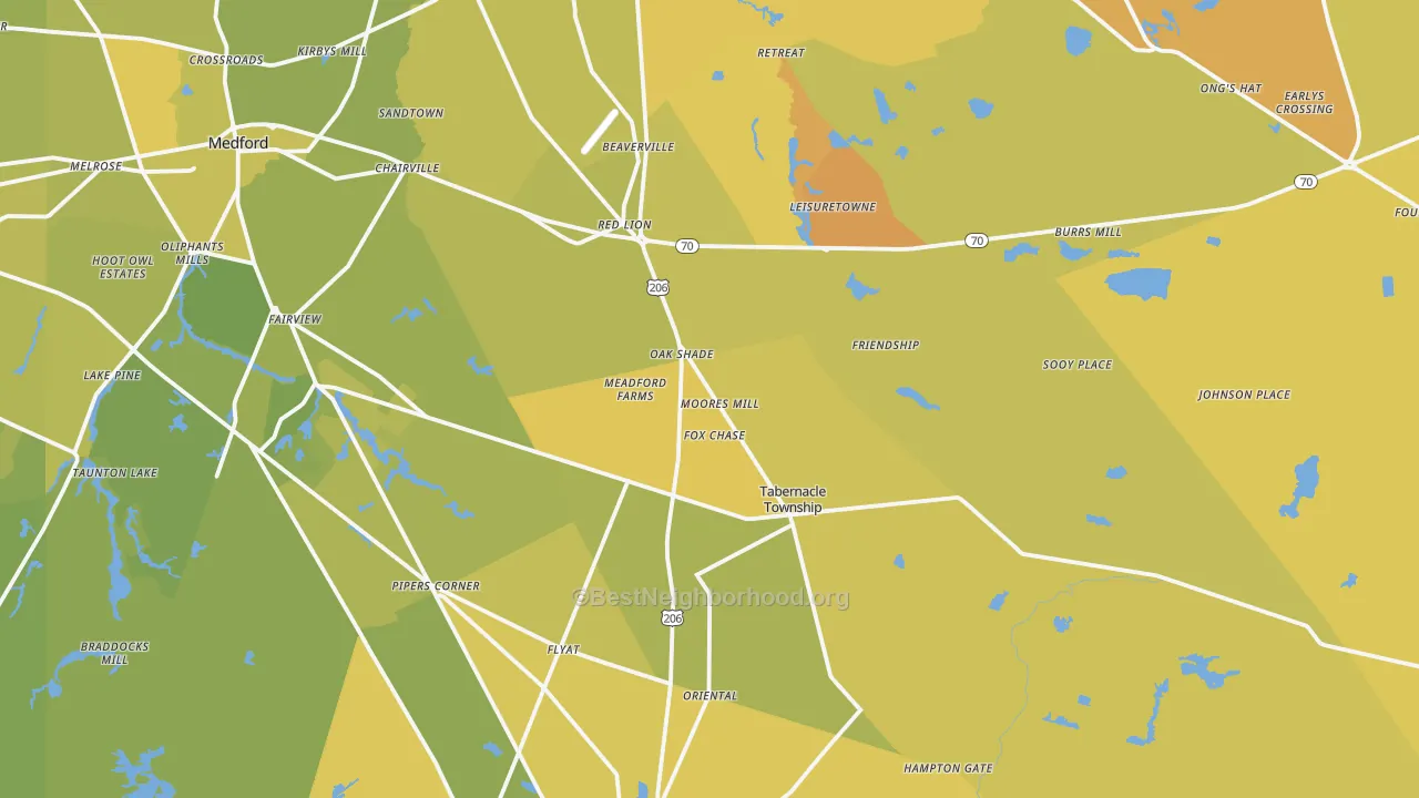 Map of the best neighborhoods in the Vincentown area, with better matches in green and worse matches in red