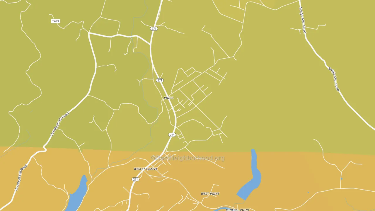 Map of the best neighborhoods in the Vinco area, with better matches in green and worse matches in red