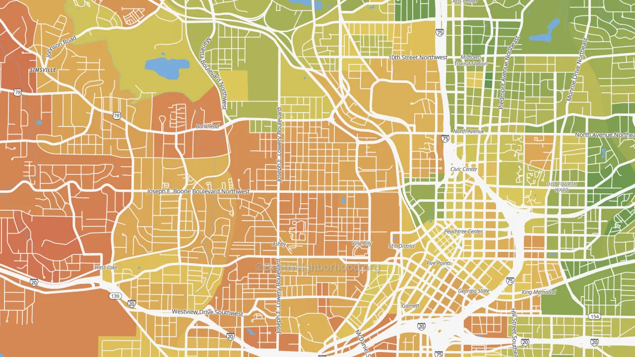 Map of the best neighborhoods in the Vine City, Atlanta area, with better matches in green and worse matches in red