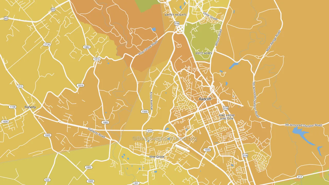 Map of the best neighborhoods in the Vine Grove Junction area, with better matches in green and worse matches in red