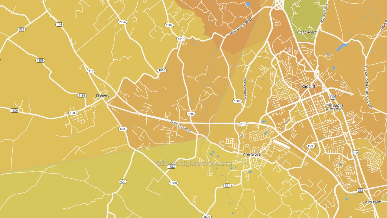 Map of the best neighborhoods in the Vine Grove area, with better matches in green and worse matches in red