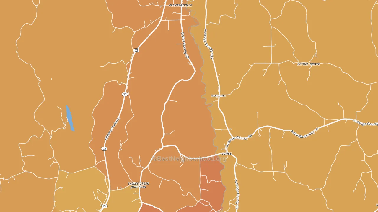 Map of the best neighborhoods in the Vine Hill area, with better matches in green and worse matches in red