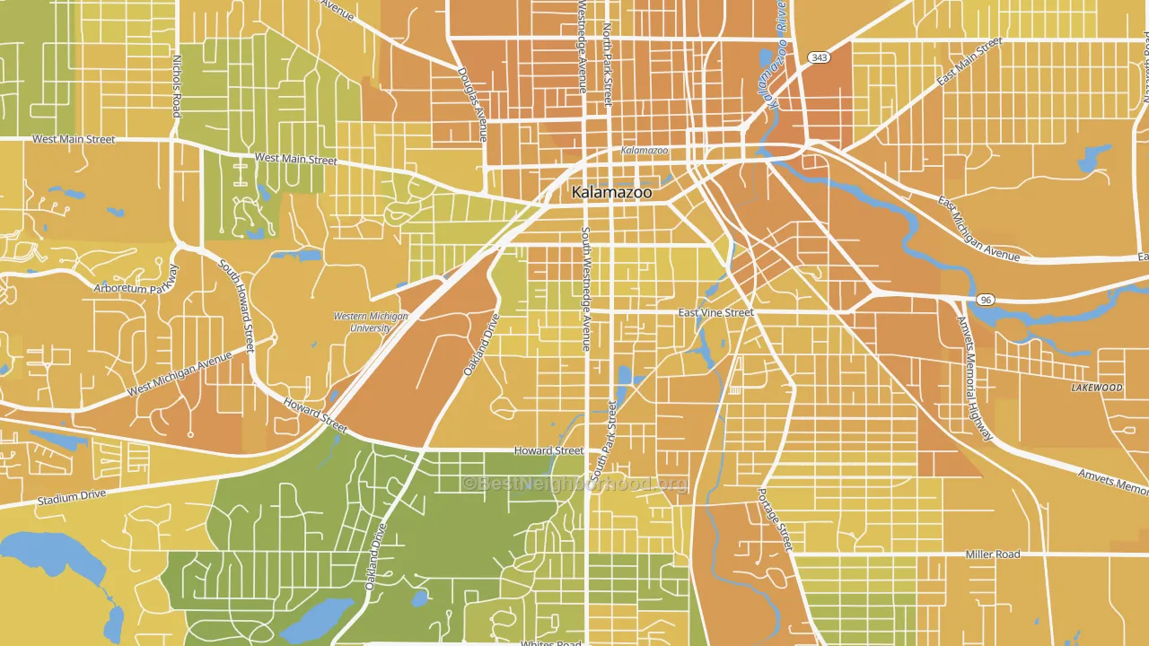Map of the best neighborhoods in the Vine, Kalamazoo area, with better matches in green and worse matches in red
