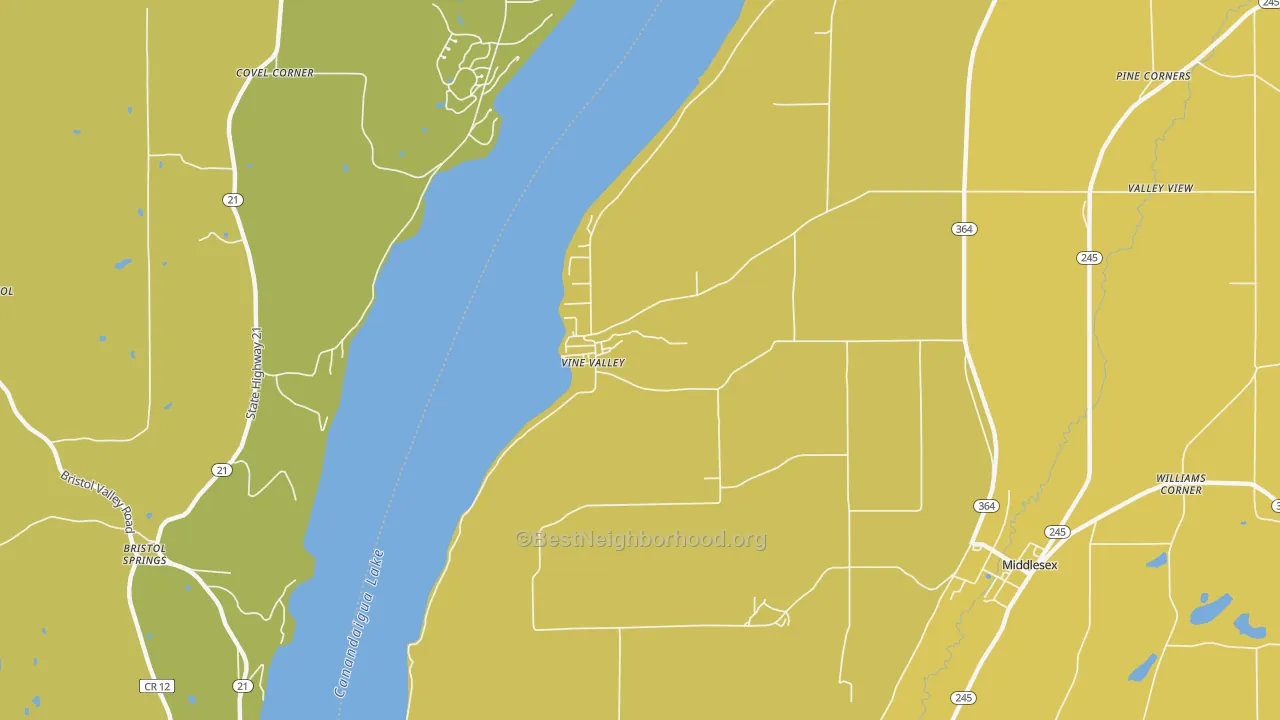 Map of the best neighborhoods in the Vine Valley area, with better matches in green and worse matches in red