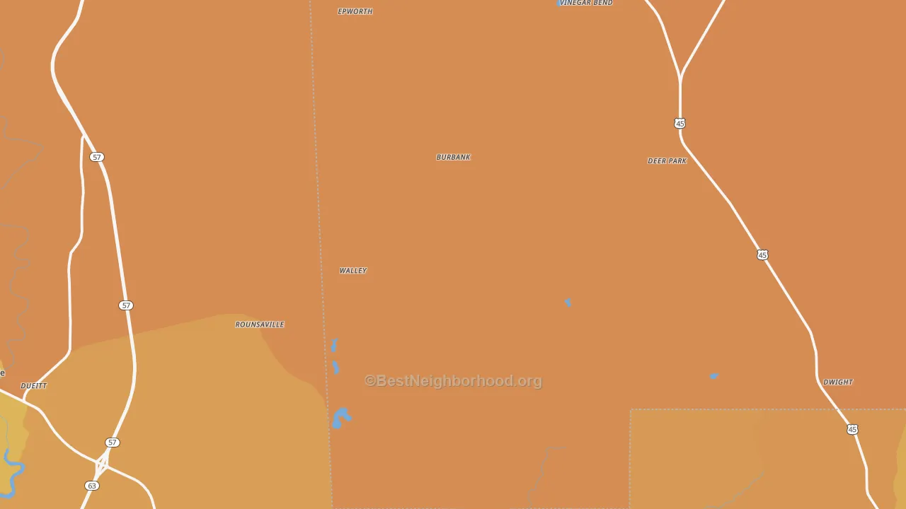 Map of the best neighborhoods in the Vinegar Bend area, with better matches in green and worse matches in red