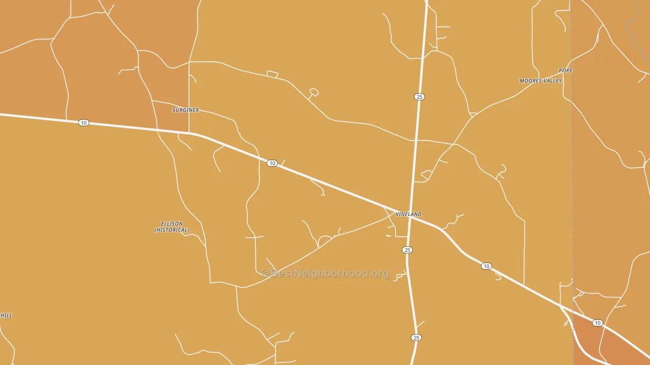 Map of the best neighborhoods in the Vineland area, with better matches in green and worse matches in red