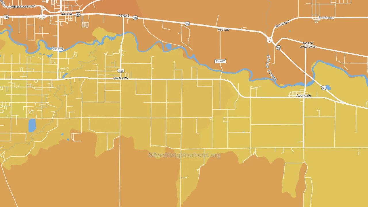 Map of the best neighborhoods in the Vineland area, with better matches in green and worse matches in red