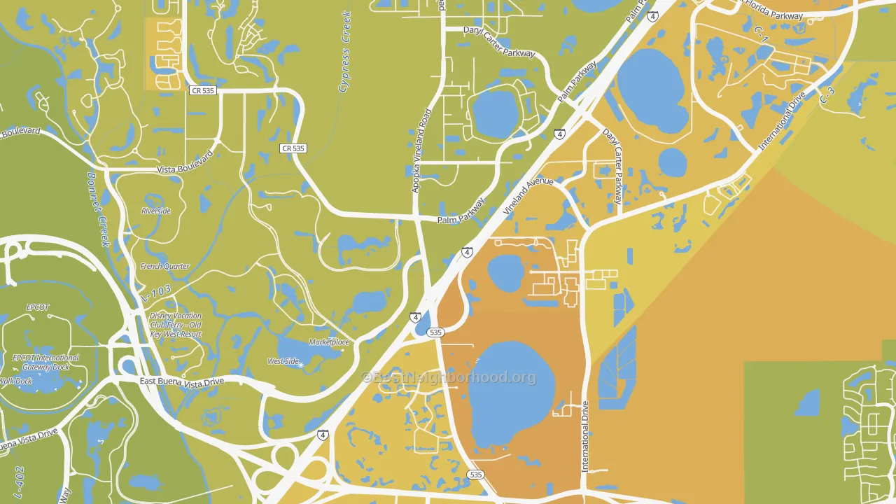 Map of the best neighborhoods in the Vineland area, with better matches in green and worse matches in red