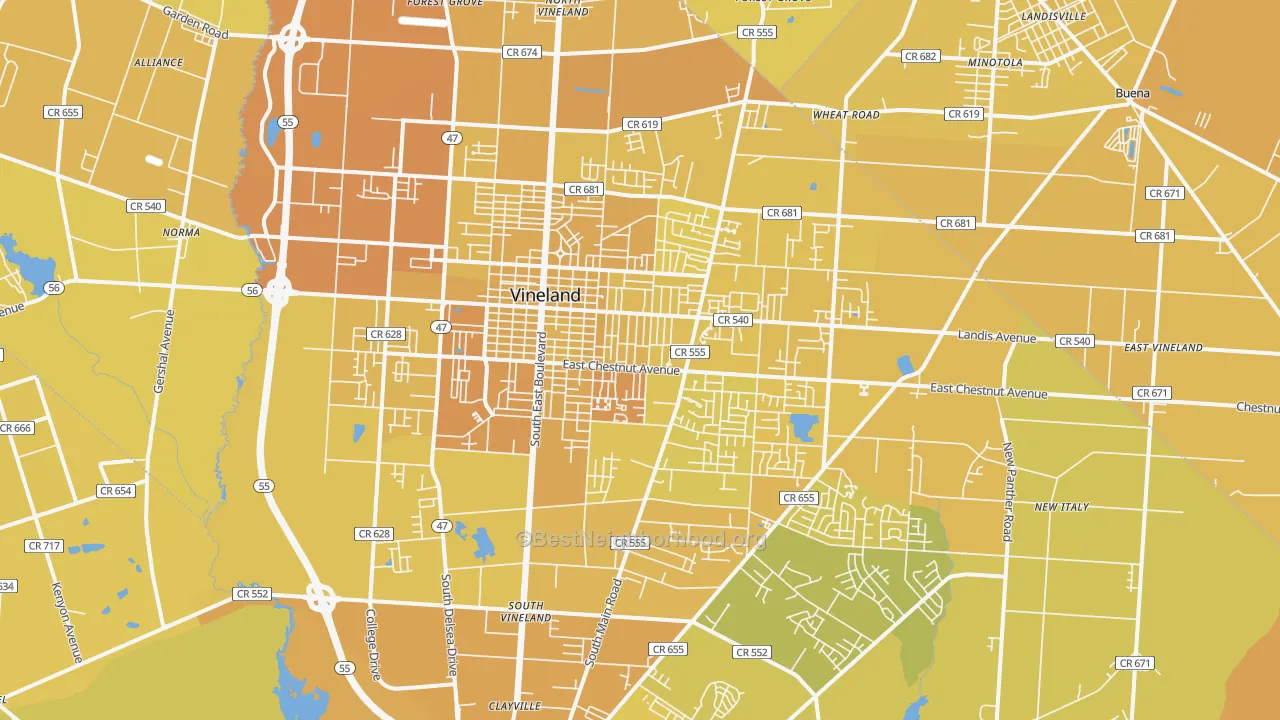 Map of the best neighborhoods in the Vineland Metro area, with better matches in green and worse matches in red