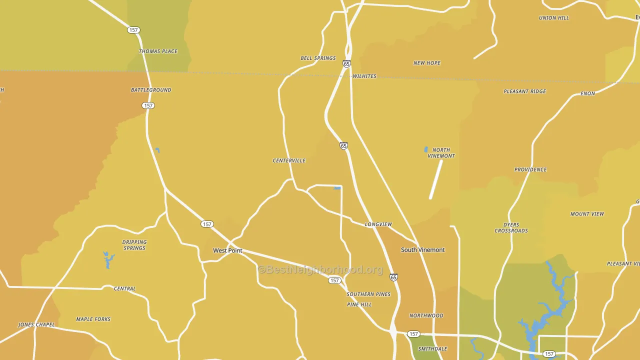 Map of the best neighborhoods in the Vinemont area, with better matches in green and worse matches in red