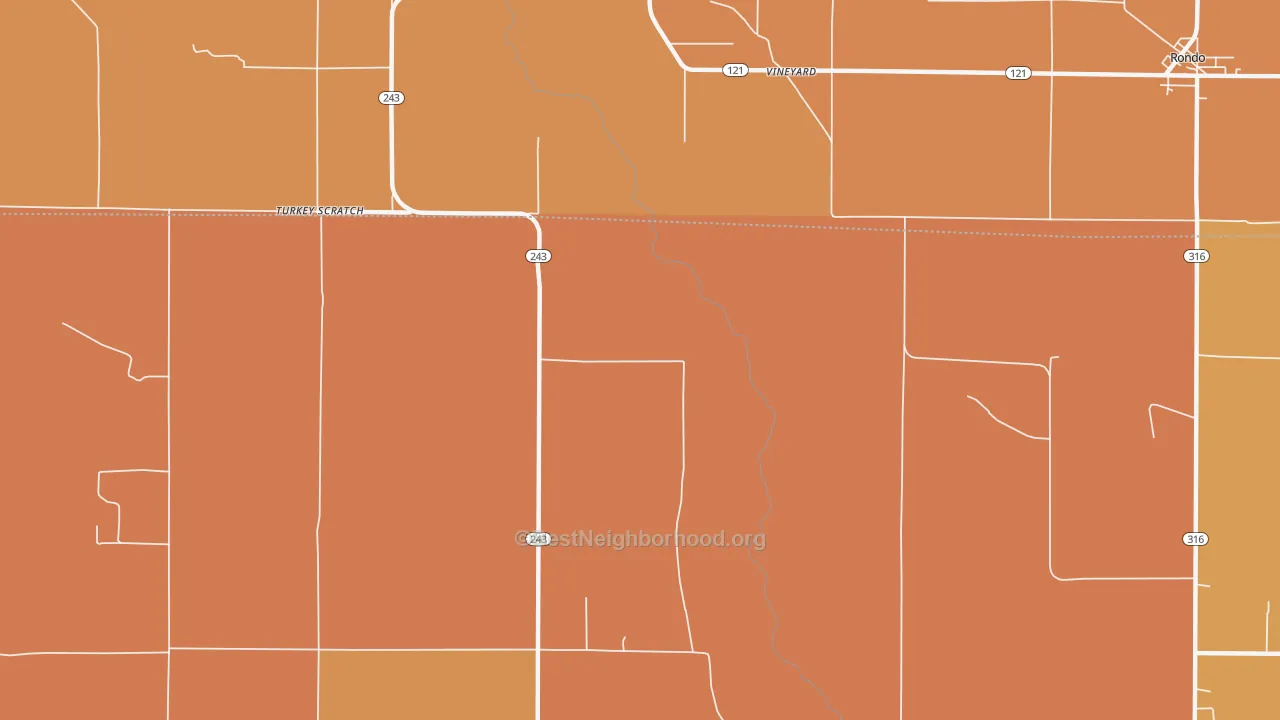 Map of the best neighborhoods in the Vineyard area, with better matches in green and worse matches in red