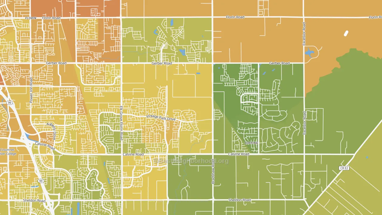 Map of the best neighborhoods in the Vineyard area, with better matches in green and worse matches in red