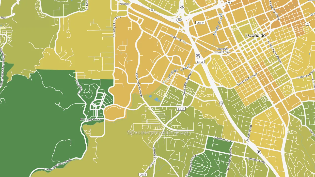 Map of the best neighborhoods in the Vineyard, Escondido area, with better matches in green and worse matches in red