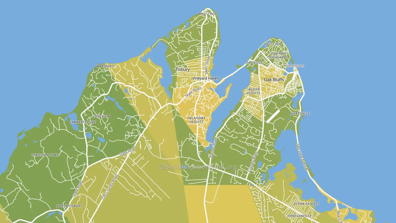 Map of the best neighborhoods in the Vineyard Haven area, with better matches in green and worse matches in red