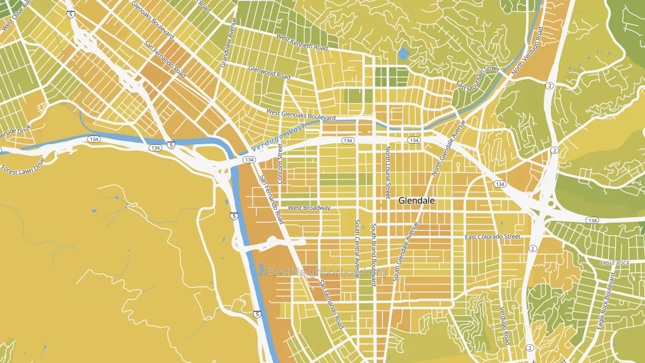 Map of the best neighborhoods in the Vineyard-Los Angeles, Glendale area, with better matches in green and worse matches in red