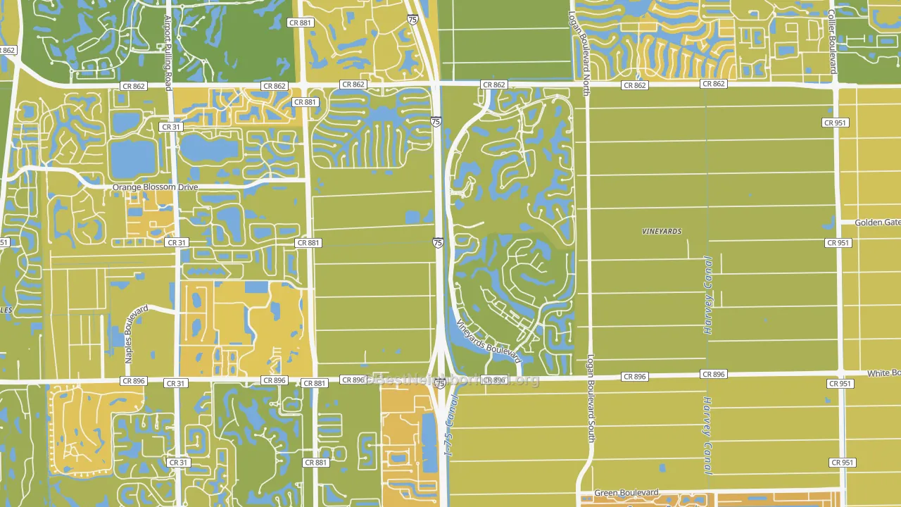 Map of the best neighborhoods in the Vineyards, Naples area, with better matches in green and worse matches in red
