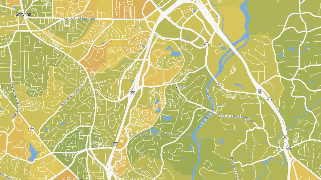 Map of the best neighborhoods in the Vinings area, with better matches in green and worse matches in red