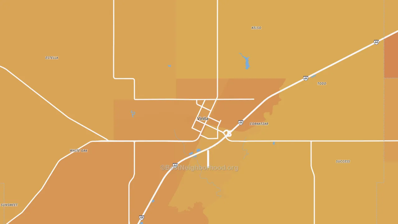 Map of the best neighborhoods in the Vinita area, with better matches in green and worse matches in red