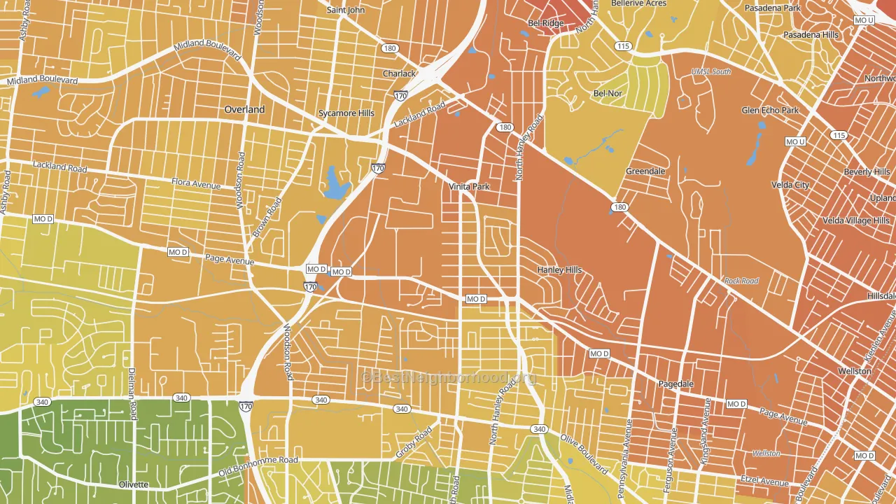 Map of the best neighborhoods in the Vinita Park area, with better matches in green and worse matches in red