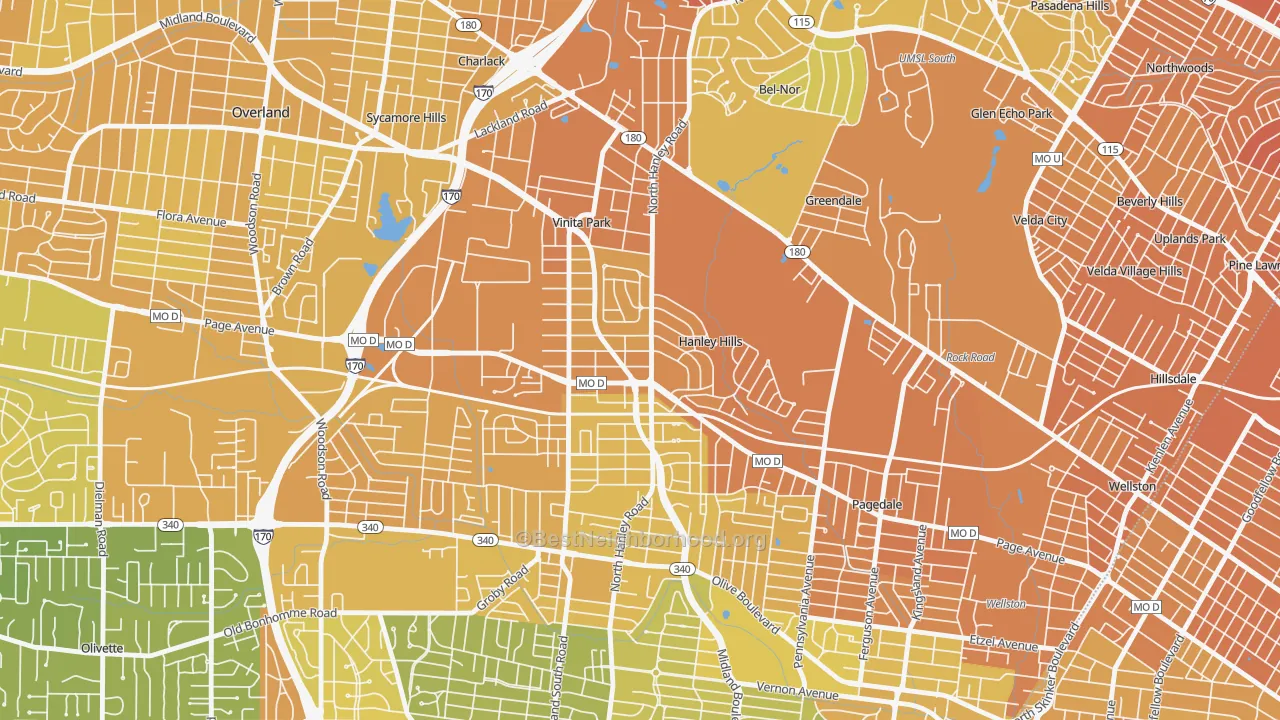 Map of the best neighborhoods in the Vinita Terrace area, with better matches in green and worse matches in red