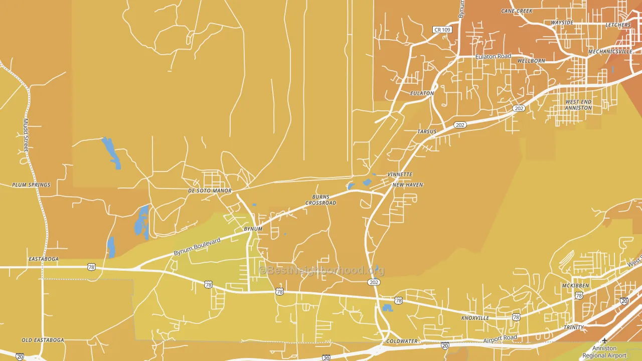 Map of the best neighborhoods in the Vinnette area, with better matches in green and worse matches in red