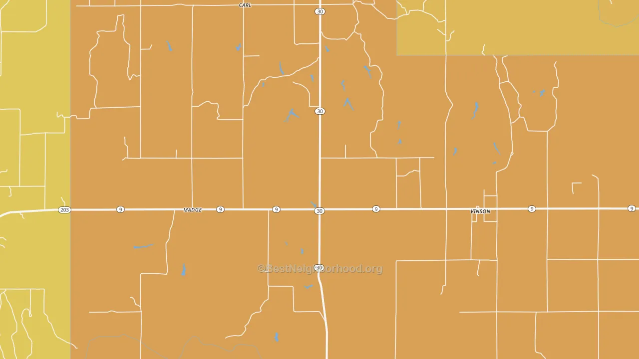 Map of the best neighborhoods in the Vinson area, with better matches in green and worse matches in red