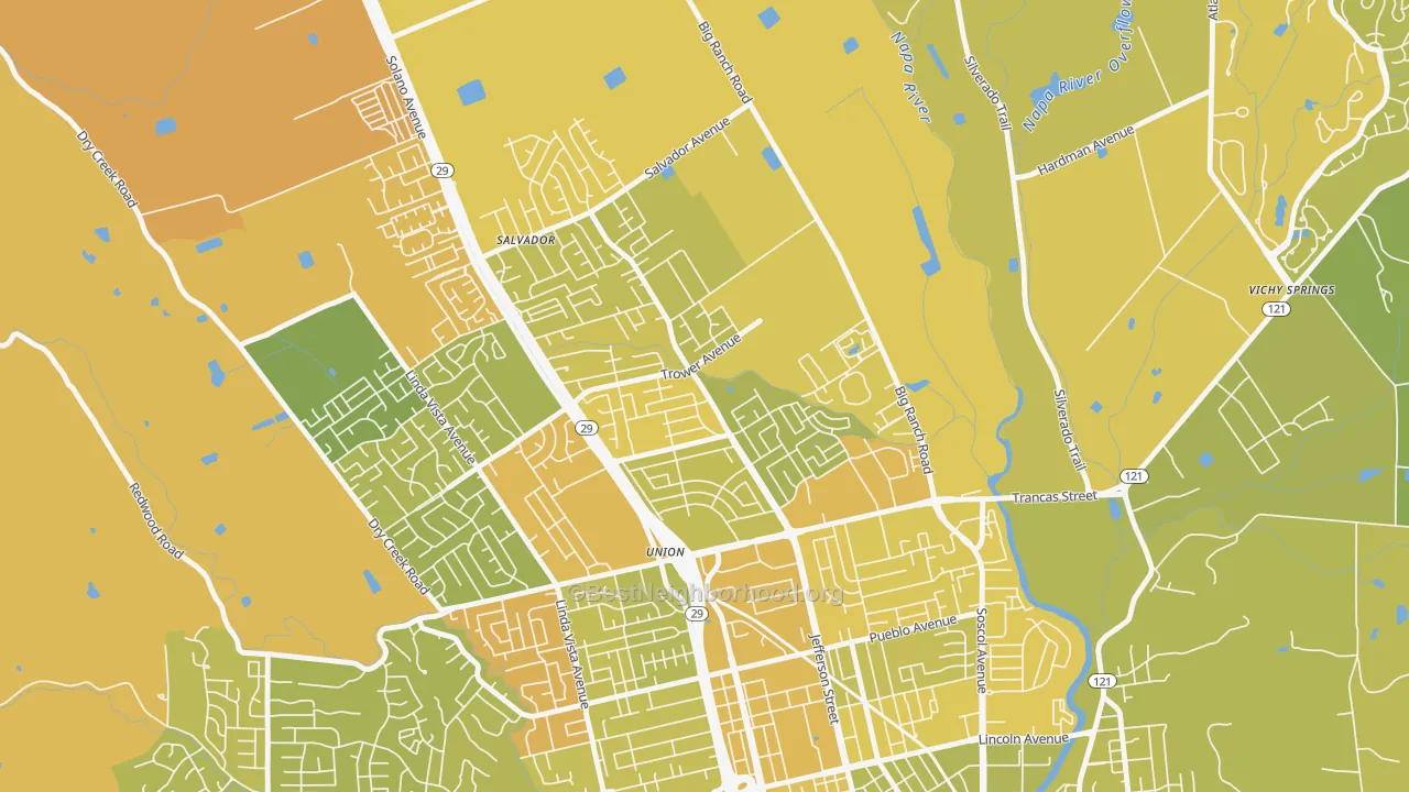 Map of the best neighborhoods in the Vintage, Napa area, with better matches in green and worse matches in red