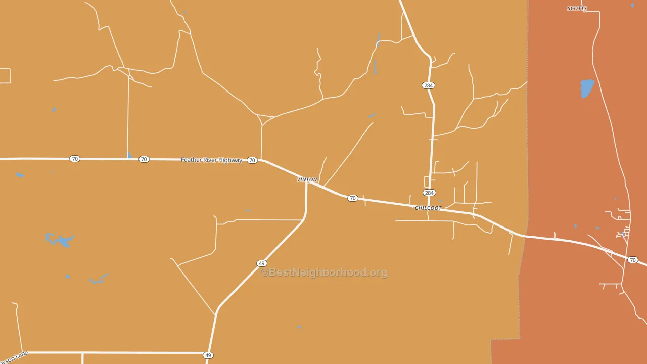 Map of the best neighborhoods in the Vinton area, with better matches in green and worse matches in red