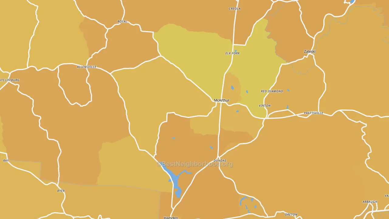 Map of the best neighborhoods in the Vinton County area, with better matches in green and worse matches in red