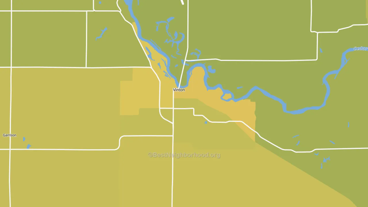 Map of the best neighborhoods in the Vinton area, with better matches in green and worse matches in red