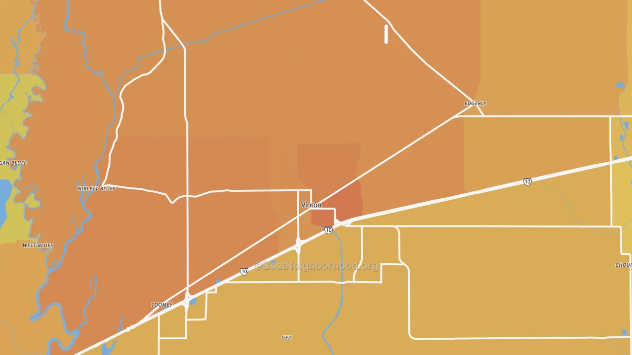 Map of the best neighborhoods in the Vinton area, with better matches in green and worse matches in red