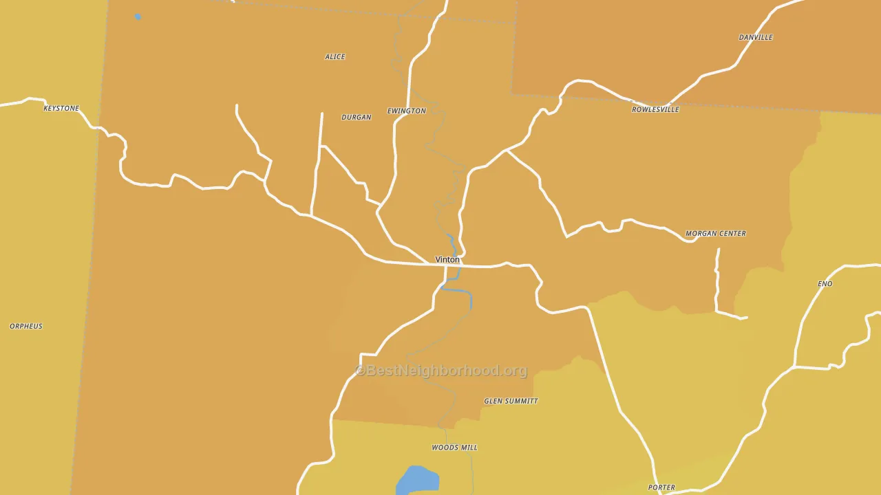 Map of the best neighborhoods in the Vinton area, with better matches in green and worse matches in red