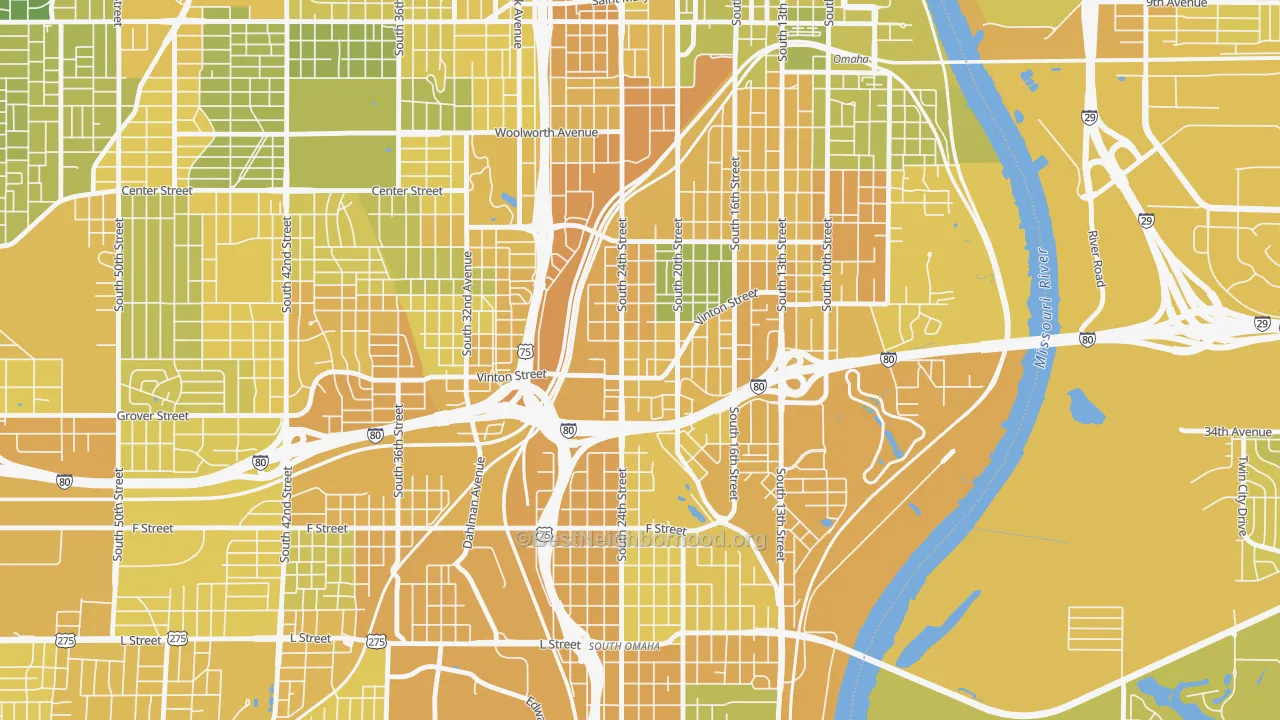 Map of the best neighborhoods in the Vinton Street, Omaha area, with better matches in green and worse matches in red