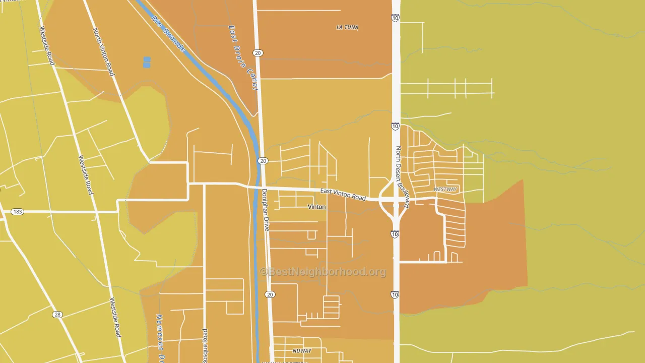 Map of the best neighborhoods in the Vinton area, with better matches in green and worse matches in red
