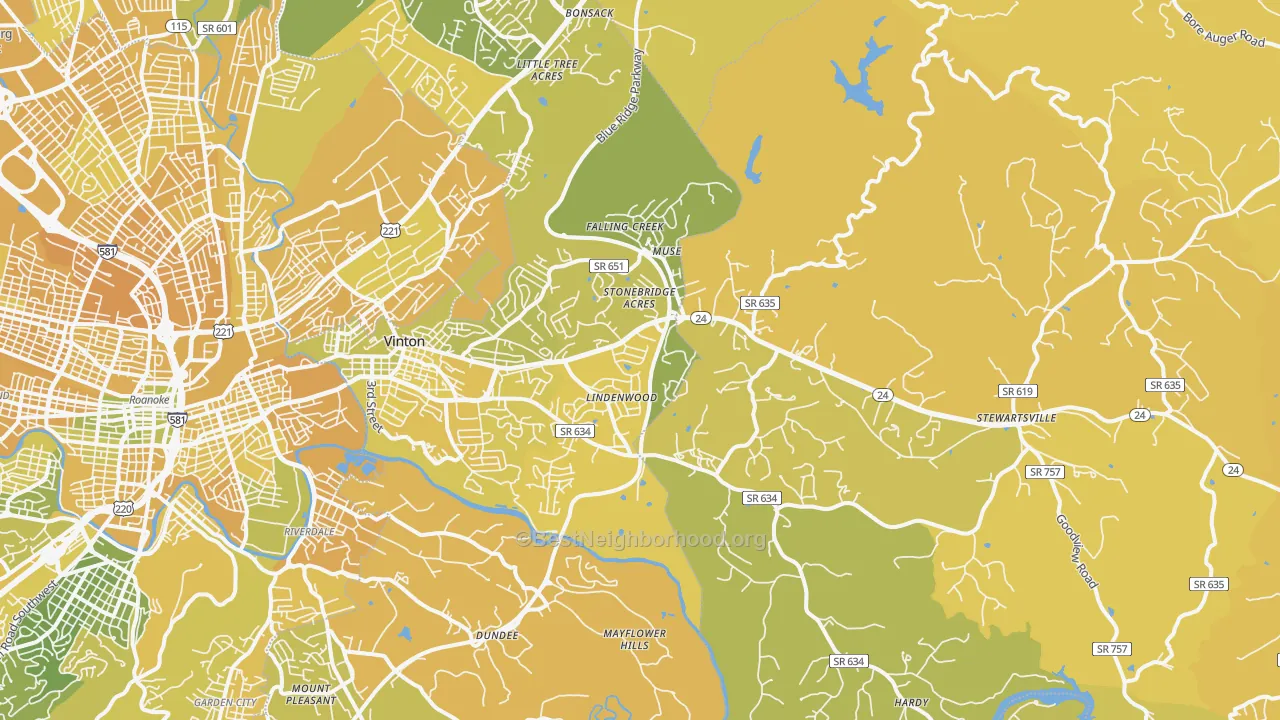 Map of the best neighborhoods in the Vinton area, with better matches in green and worse matches in red