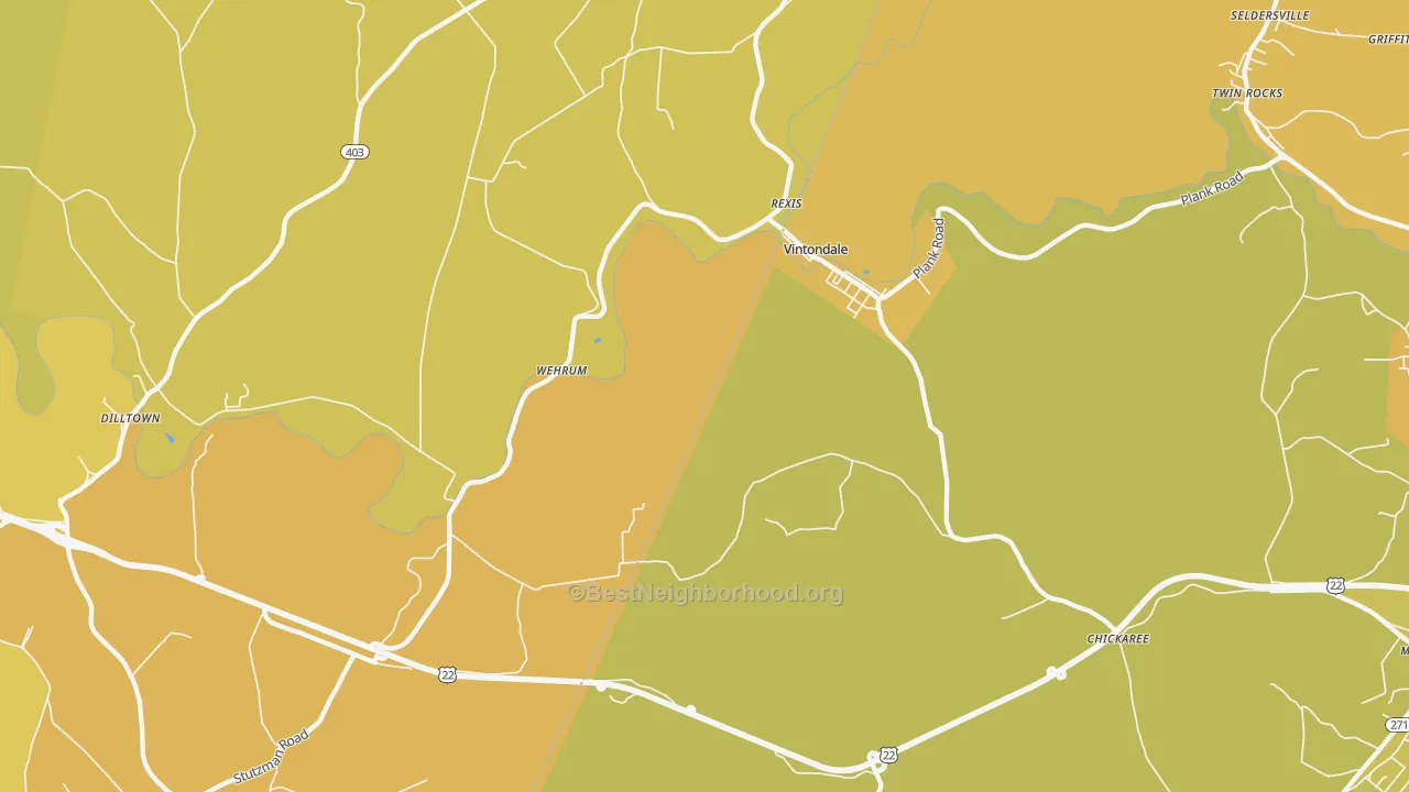 Map of the best neighborhoods in the Vintondale area, with better matches in green and worse matches in red