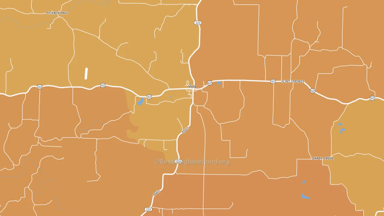 Map of the best neighborhoods in the Viola area, with better matches in green and worse matches in red