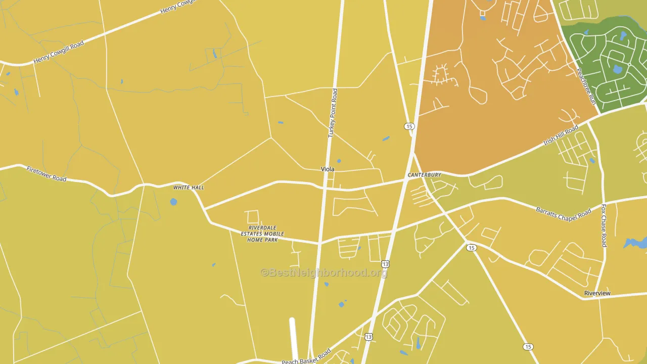 Map of the best neighborhoods in the Viola area, with better matches in green and worse matches in red