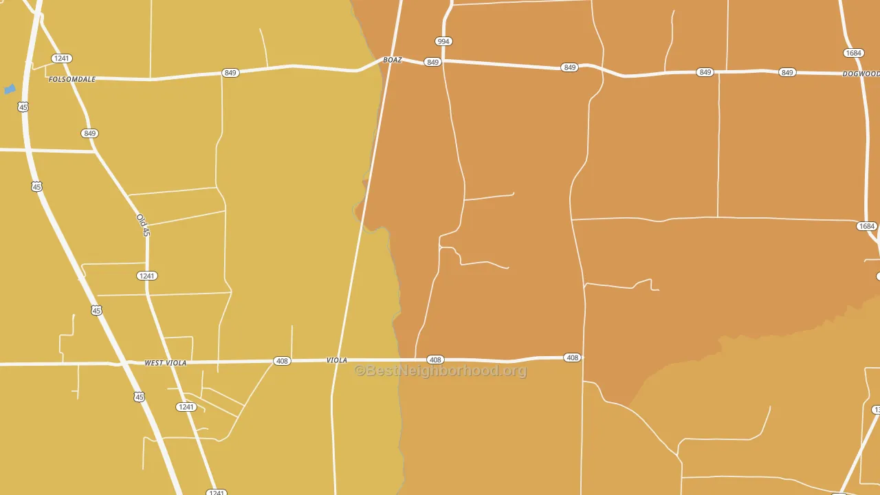 Map of the best neighborhoods in the Viola area, with better matches in green and worse matches in red