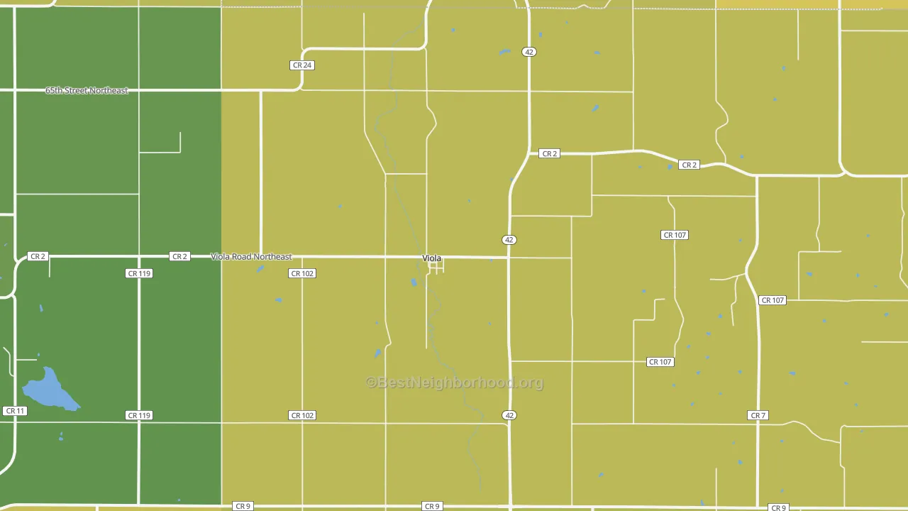 Map of the best neighborhoods in the Viola area, with better matches in green and worse matches in red