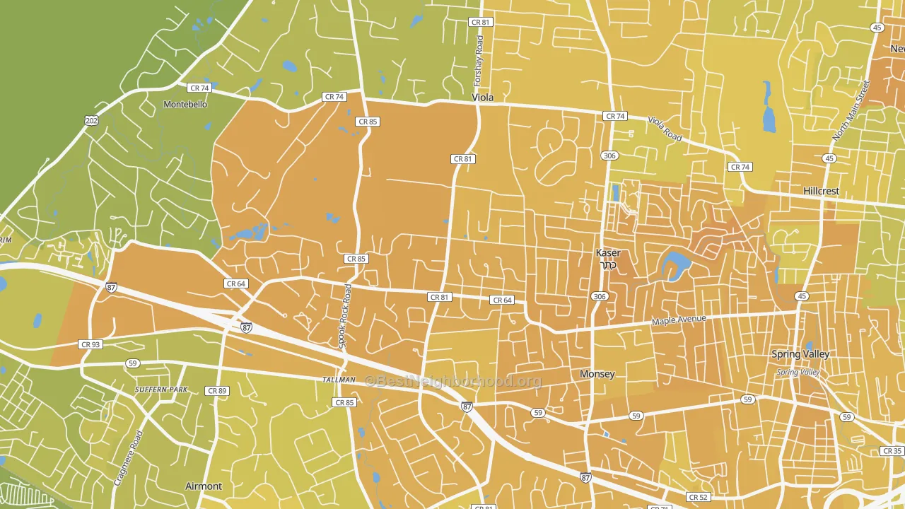 Map of the best neighborhoods in the Viola, Monsey area, with better matches in green and worse matches in red