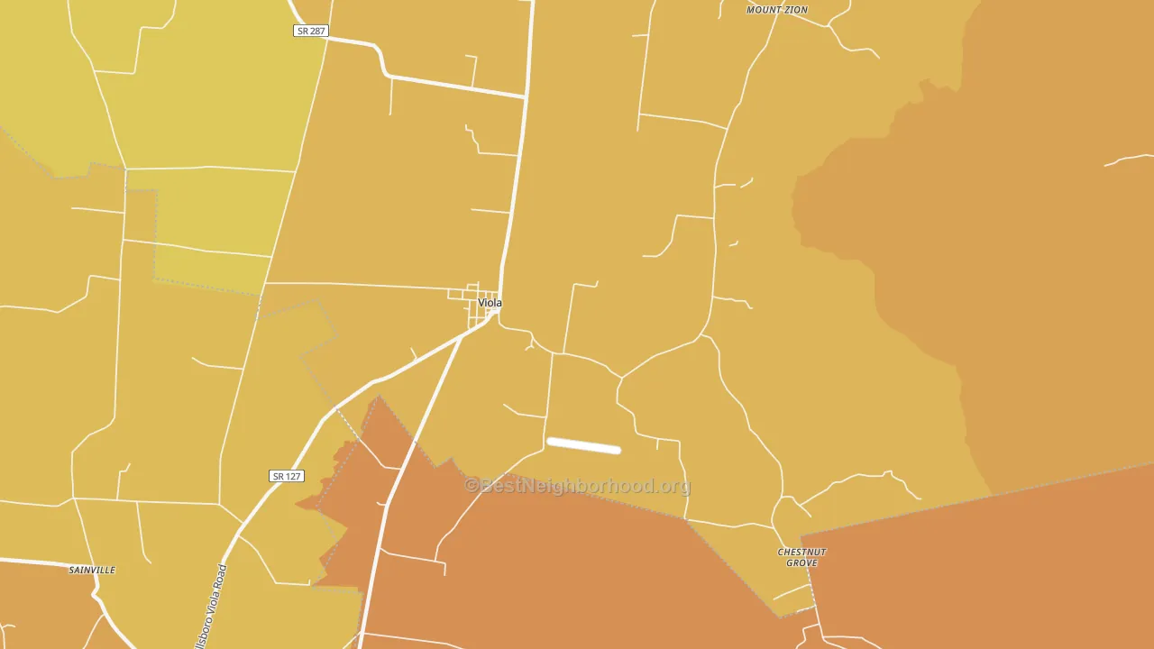 Map of the best neighborhoods in the Viola area, with better matches in green and worse matches in red