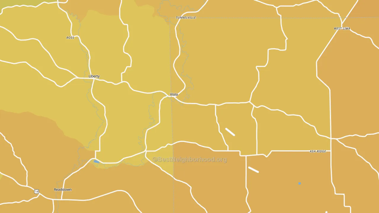 Map of the best neighborhoods in the Viola area, with better matches in green and worse matches in red