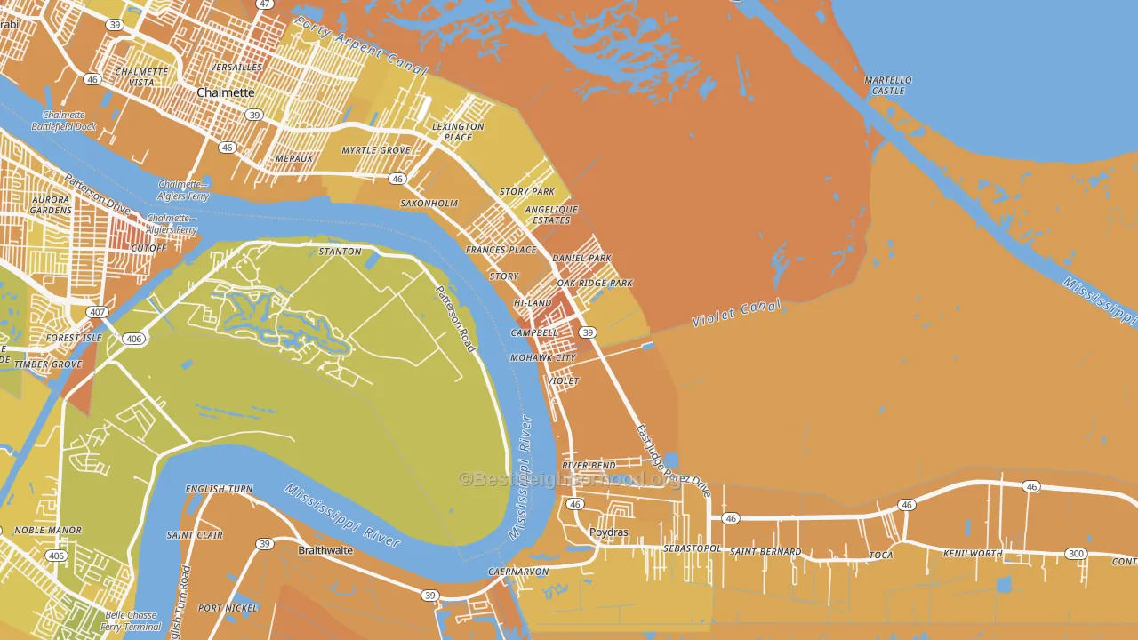 Map of the best neighborhoods in the Violet area, with better matches in green and worse matches in red